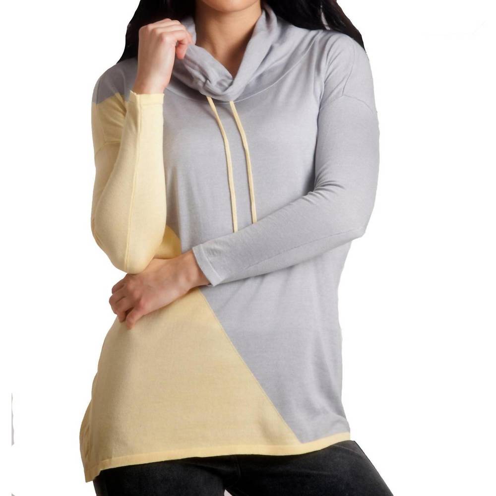 NEW ANGEL 2-tone draw string cowl neck pullover in yellow/gray